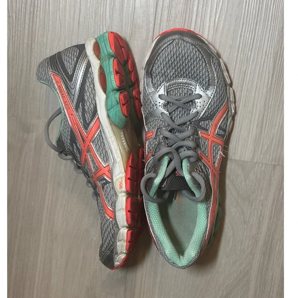 ASICS Running Shoes Womens 8.5 Gray Coral Teal Lace Up Athletic Sneakers
